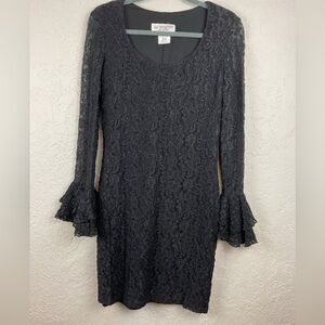 Vintage Lee Magram Black Lace Mini Cocktail Dress Poet Ruffle Sleeves Size 12